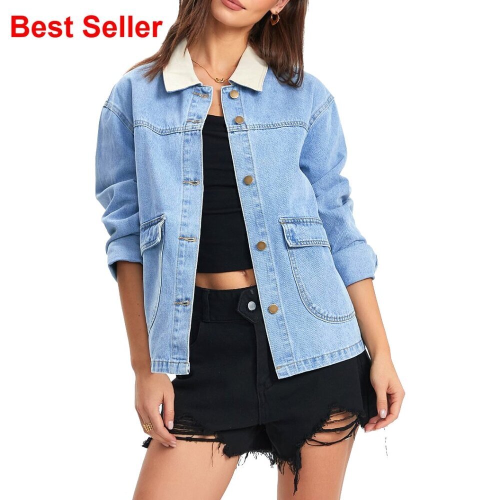 Oversized Denim Jacket Shacket with Pockets, Lightweight Spring Barn Coat